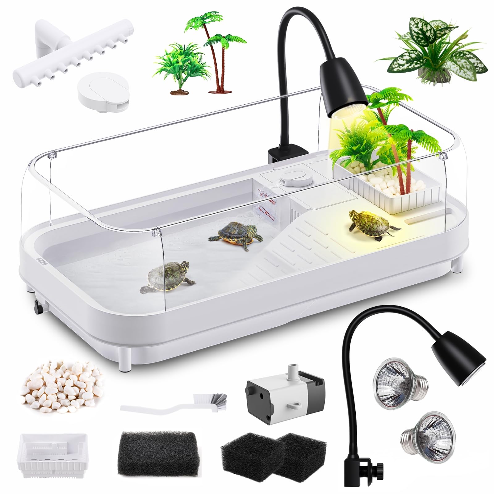 Large Turtle Tank Kit (Tank + Lamp + Filter), Acrylic Turtle Tank Starter Kit, Tank Aquarium with Heightened and Curved Fences, Bottom Drainage, Multi-Function Areas (Black Lamp)