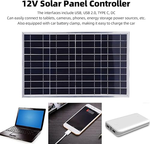 Miniatura 5 de Zunate Kit de cargador de panel solar de 100 W con controlador de carga de 12 V 10-50 A  Marco de aluminio, salidas USB y CC para RV, barco,