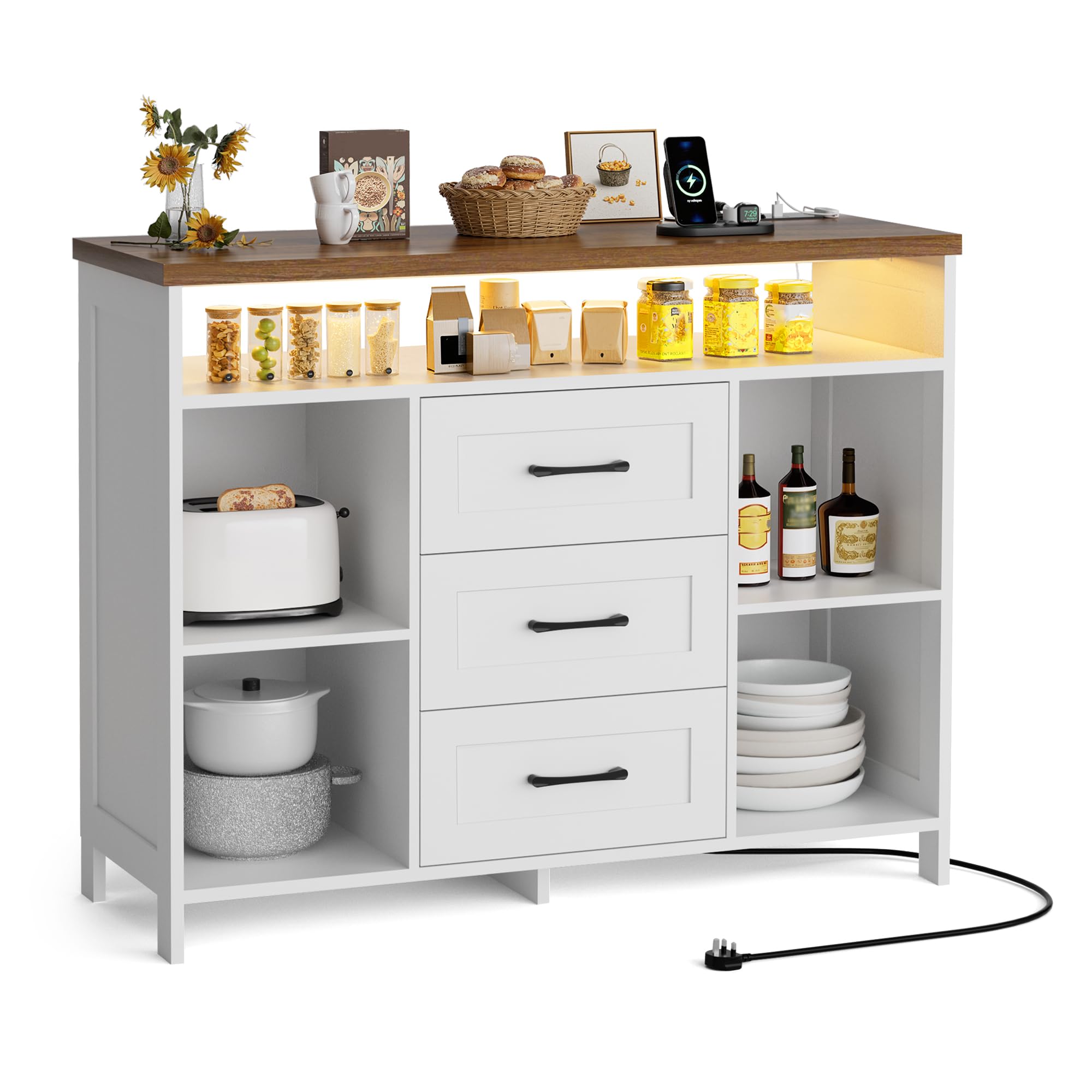 BonVache Kitchen Island with Storage&LED Lights, Kitchen Cabinet Island with socket, 3 drawers,Open Compartment, Multifunctional Sideboard for Kitchen,Dining&Living Room,100 * 35 * 80CM