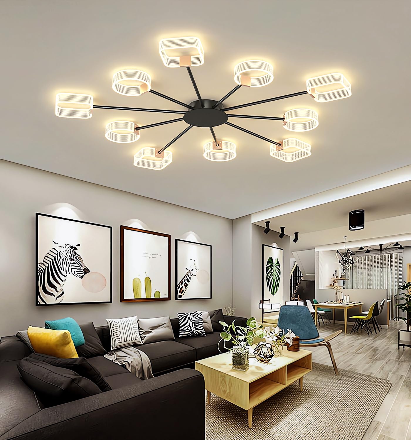 Moderne LED-Deckenleuchte Wohnzimmer Dimmbare Deckenbeleuchtung 10 Kopf Acryl Deckenleuchten mit Fernbedienung Büro Deckenlampe für Esszimmer Schlafzimmer Küche Kronleuchter (Schwarz 10 Köpfe Φ116cm)
