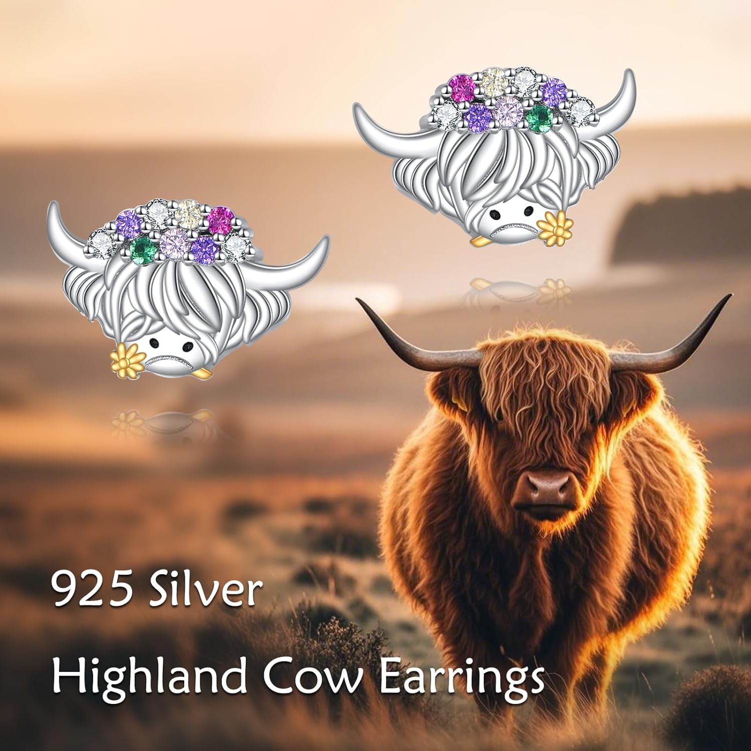 Highland Cow Earrings 925 Sterling Sliver Highland Cow Stud Earring Cow Jewelry Themed for Women Lover