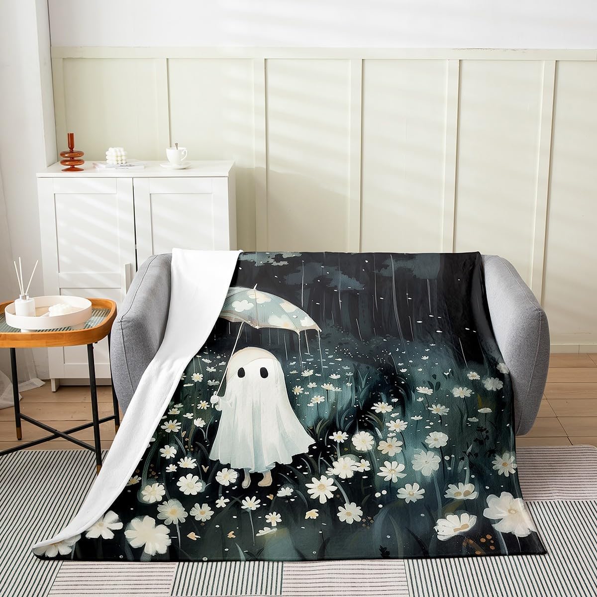 Cute Ghost Fleece Blanket,Halloween Rainy Night Umbrella Jungle Bed Blanket for Kids Teens,White Daisy Flowers Nature Artwork Paint Flannel Blanket for Room Decor,Queen 90"x90"
