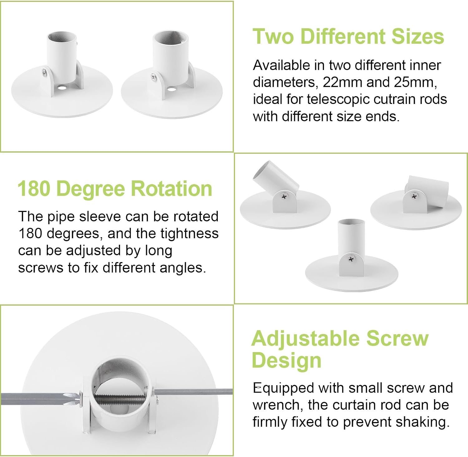 Adjustable Shower Curtain Rod Bracket, 2Pcs Different Sizes Titanium Steel Single Swivel Flange Heavy Duty Closet Rod Holder with Screws (White, Inner Dia. 22mm & 26mm)