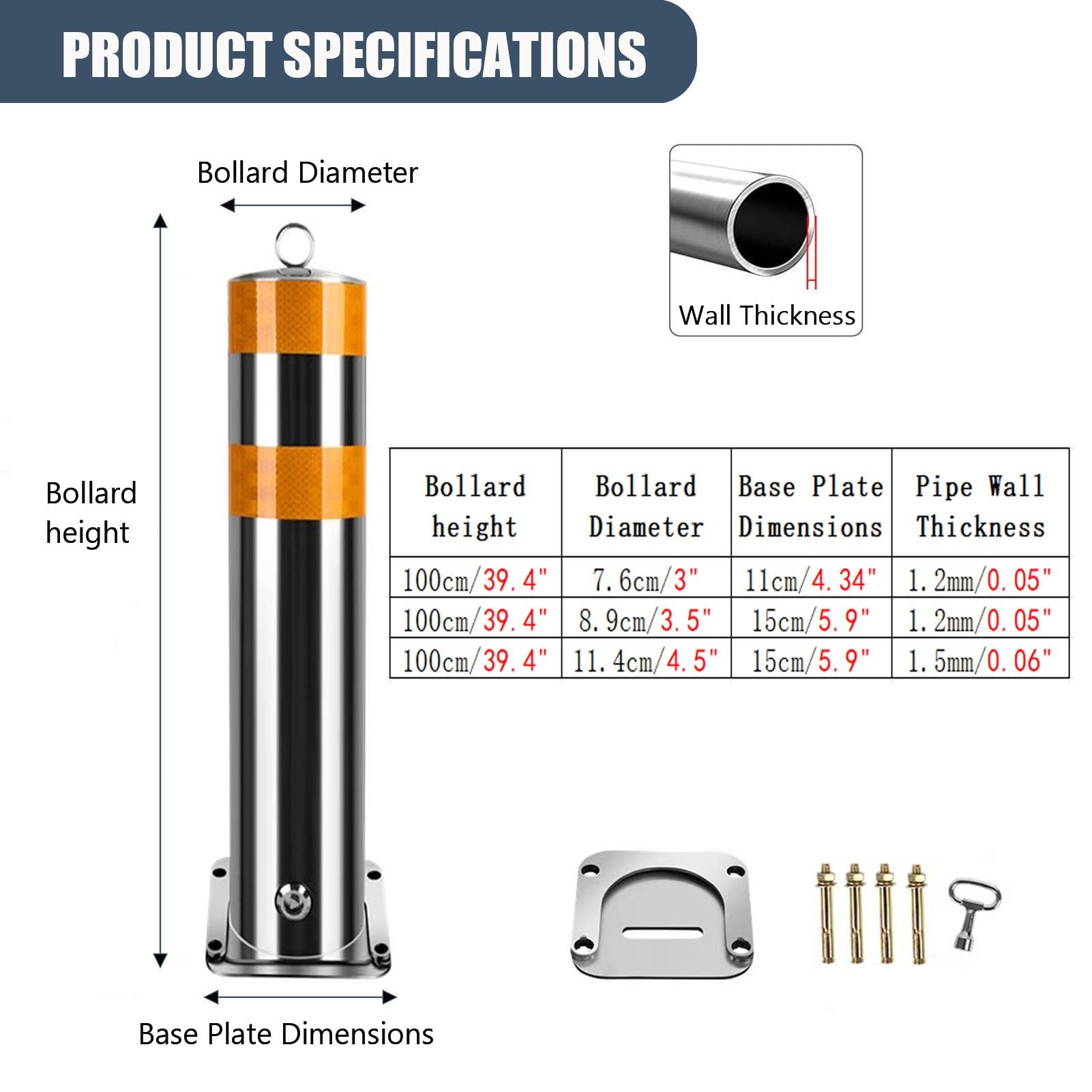 Paquete De 2 Bolardos De Seguridad De Acero Inoxidable Para Exteriores Bolardos De Barrera De Seguridad De Alta Visibilidad De 39,4 Pulgadas De Alto Bloqueables(39.4x3 in)