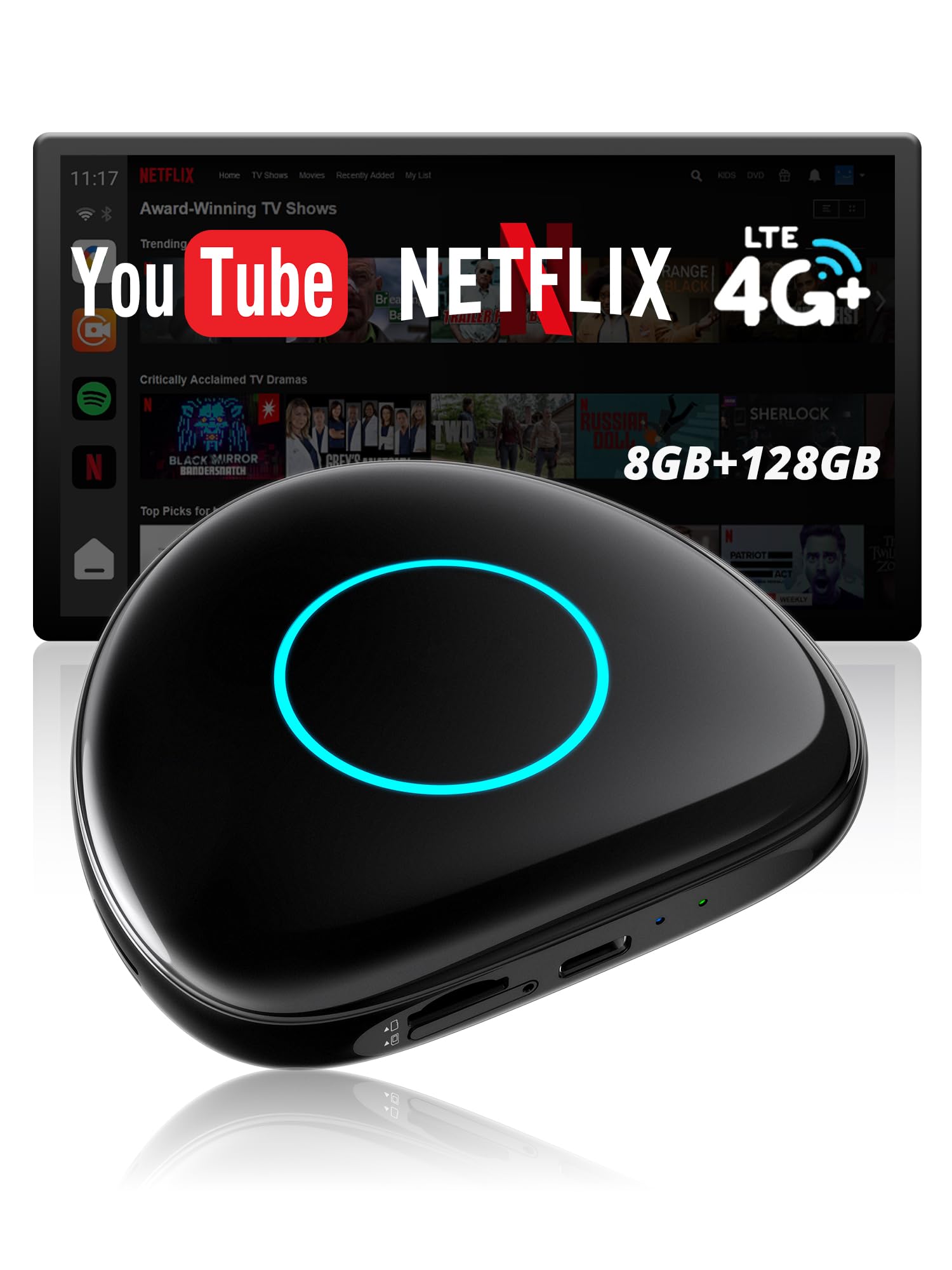 AI Box CarPlay Adaptador Android Auto Inalámbrico - Adaptador CarPlay Inalambrico con 4G, WLAN, BT Dual, USB, AI, GPS, MicroSD, OTA, Integrado 8 GB + 128 GB, CB6D, para Youtube/Netflix/Tarjeta TF
