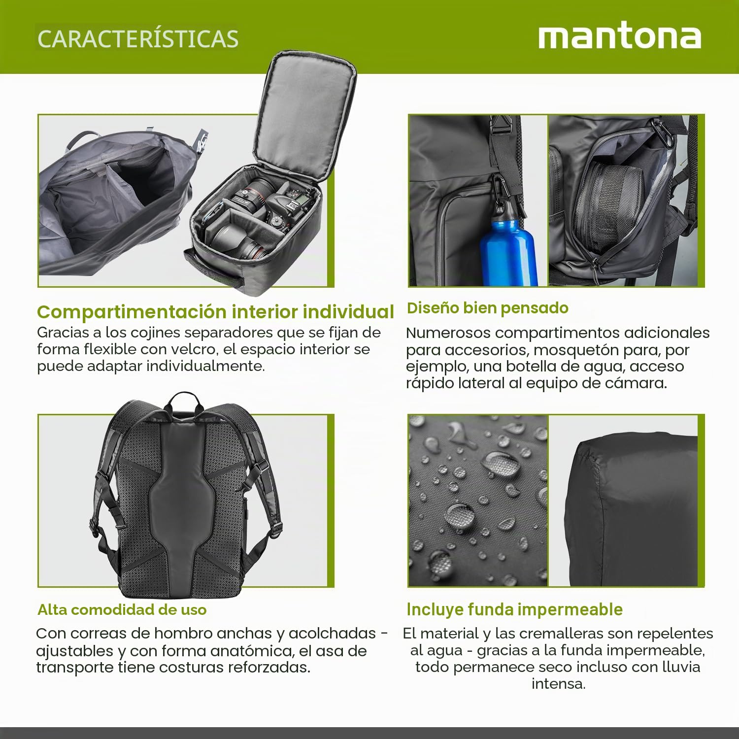 Mantona Mochila para fotos de mensajería, color negro, 210 x 340 x 450 mm, para exteriores, acceso rápido, cierre enrollable, gran capacidad de almacenamiento para cámaras réflex digitales réflex
