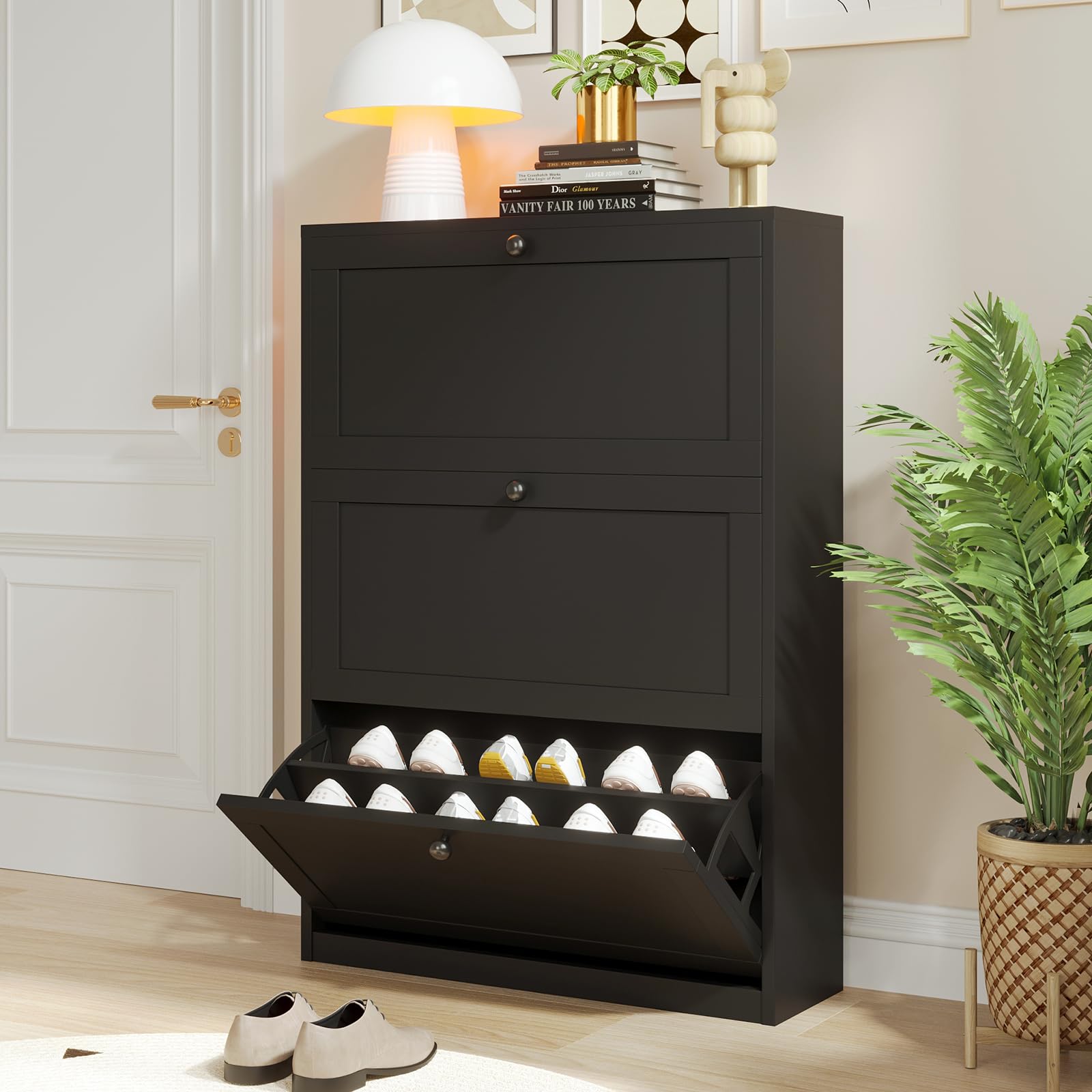 VOWNER Zapatero Estrecho, Zapatero 3 Puertas, Zapatero Entrada Recibidor, 80 x 24 x 116 cm (Largo x Ancho x Alto), Zapatero Madera, para Entrada Estrecha, Pasillo (Negro)