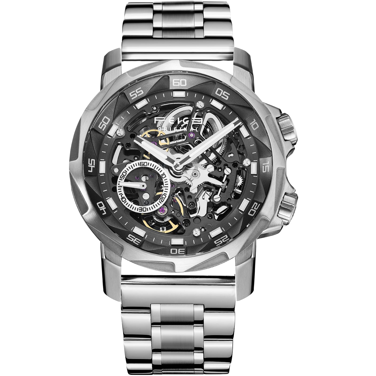 FEICE FM511 YHG Orologio da uomo automatico scheletro, lussuoso vetro zaffiro vetro quadrante blu lancette luminose, orologio da polso sportivo impermeabile 5ATM con cinturino in acciaio inossidabile