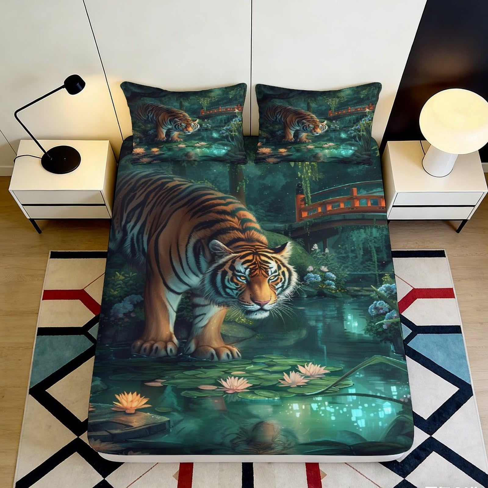 3D Printed Jungle Tiger Fitted Sheet Microfiber Non-Slip Deep Pocket Jungle Tiger Mattress Fitted Cover Bedroom Bedding Full Wrap 160x200x25cm