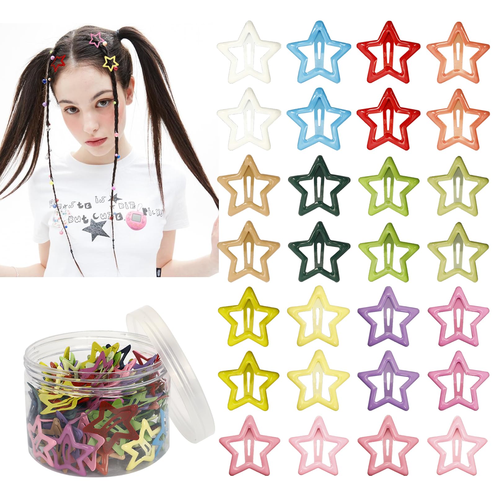100PCS Y2K Star Hair Clips for Teens Girls Women - Non Slip Metal Barrettes, Cute Colorful Mini Hair Accessories for Daily Wear, Party, Rave, Festival