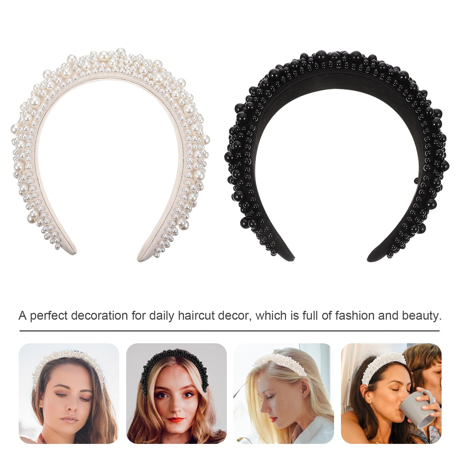 Doppelband Haarband mit Perlen, 2 Stück, Sponge Kunststoff | Damen und Mädchen, Elegant Chic, Leicht und Angenehm Geformt, für Alltag und Make Up