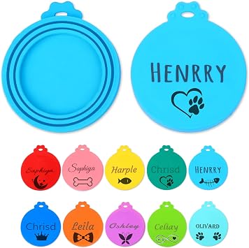 Custom Name Pet Food Can Cover, Silicone Lids for Dog & Cat Food Universal Size, Fits 3 Standard Sizes, 11 Colors Available Blue