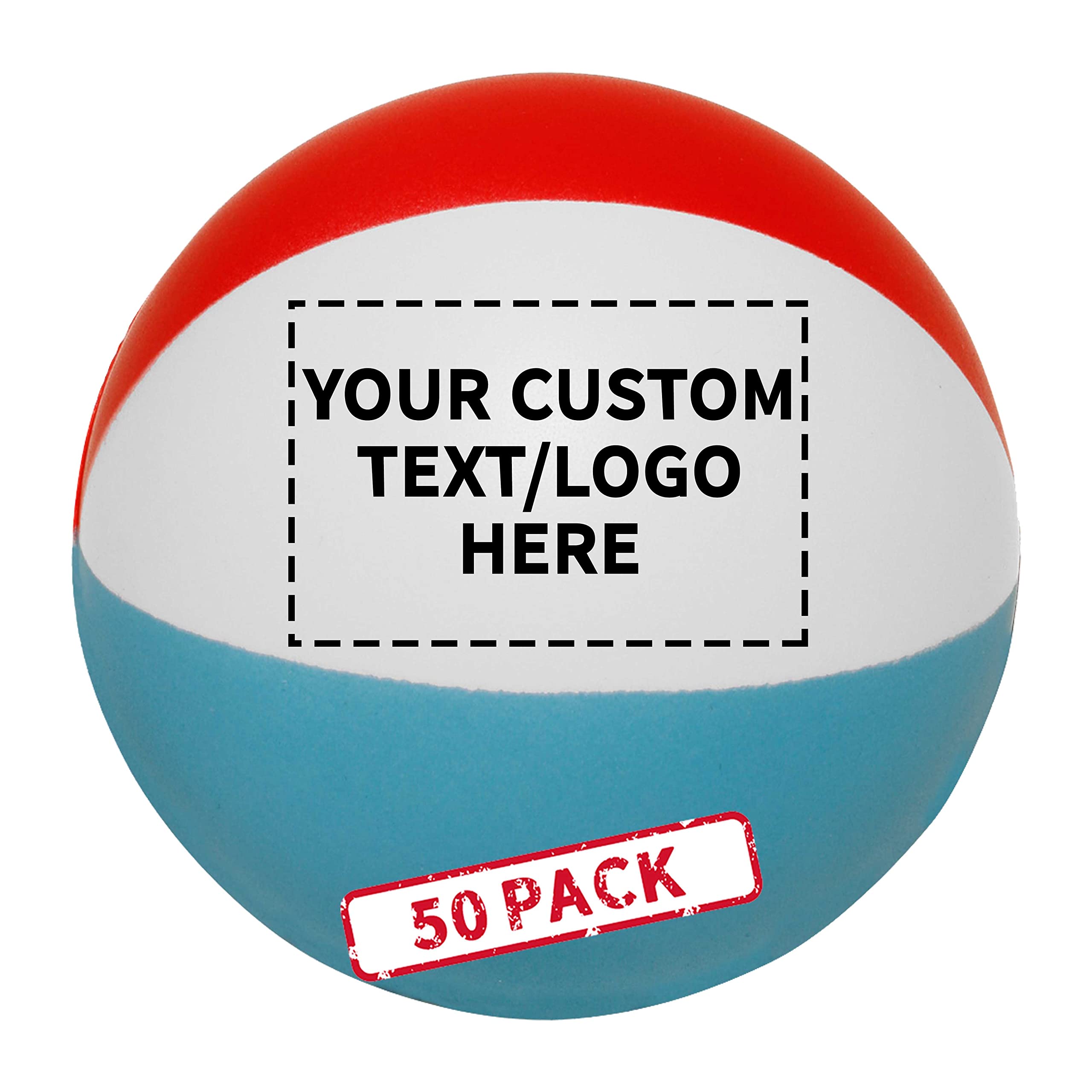 DISCOUNT PROMOS Custom Beach Ball Shaped Squeeze Balls Set of 50, Personalized Bulk Pack - Perfect for Promotional Giveaways - Beach
