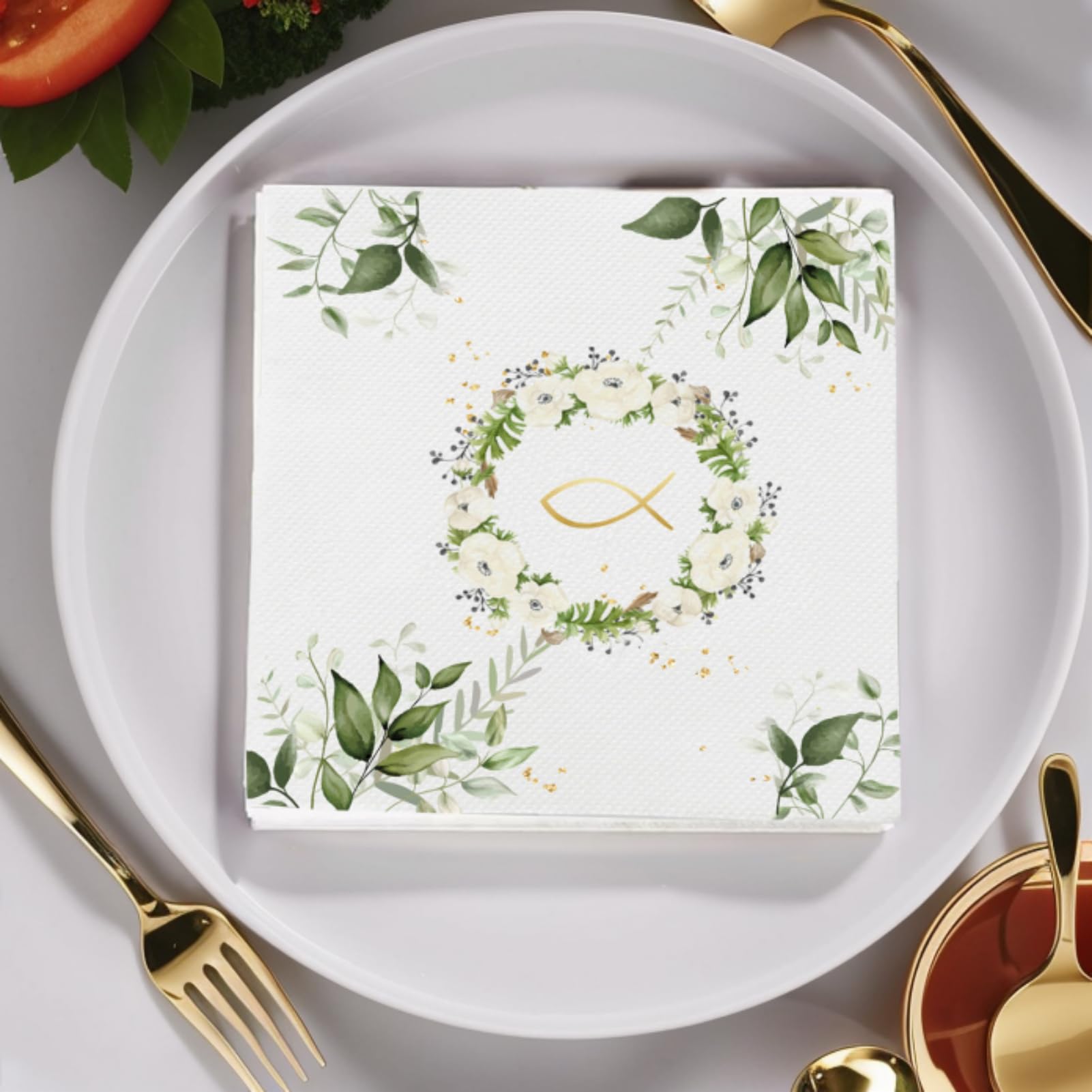 40 Tovaglioli Per Battesimo E Comunione 33x33 Cm – Design Eucalipto Con Pesce E Scritta “Schön Dass Du Da Bist”