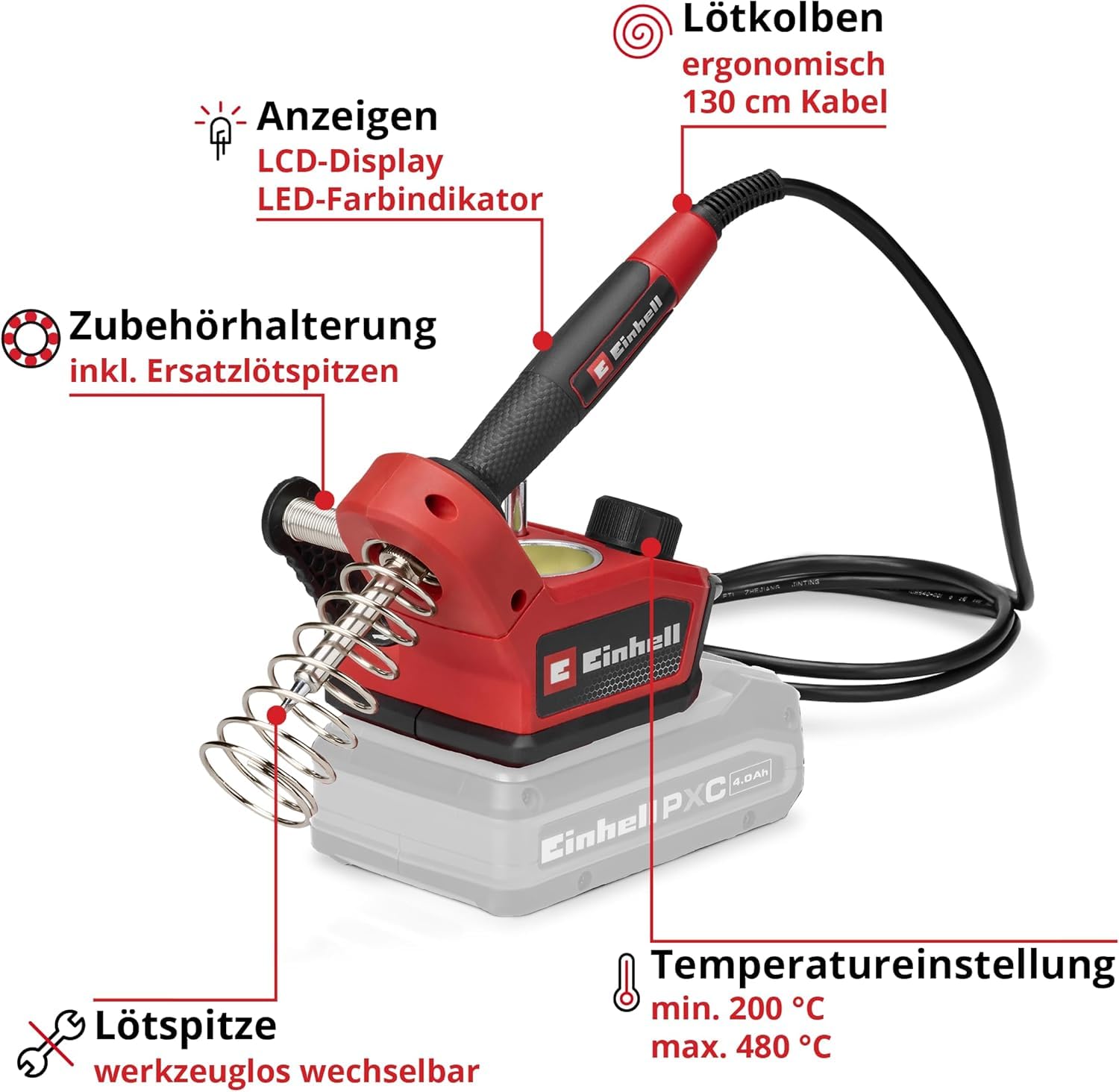 Einhell Akku-Lötkolben TE-SI 18/480 Li E - Solo Power X-Change (18 V, 200 °C - 480 °C, zum Weichlöten, LCD-Display, inkl. 2x Punktspitzen, 1x Flachspitze & Lötzinn)