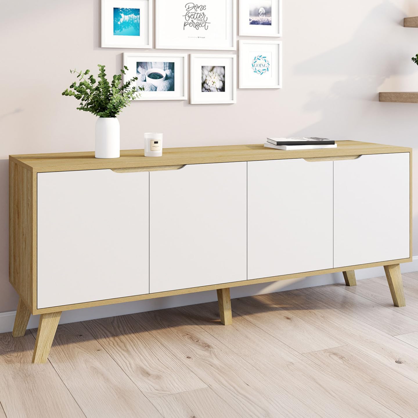 IDMarket - Buffet Bas scandinave 140 cm FINN 4 Portes Blanc et Bois façon hêtre
