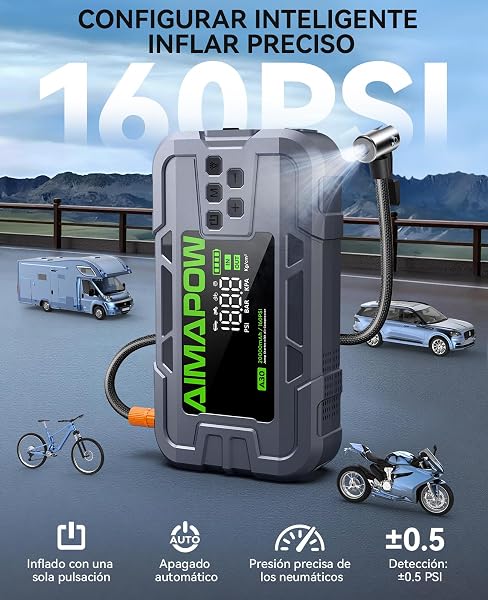 Arrancador de Coches 8000A, AIMAPOW Arrancador de Batería de Coche con Compresor de Aire 160PSI, Jump Starter 12V para Todos los Motores de Gasolina y Diésel de 12L, Pantalla LCD, Luz LED de 600LM - 3