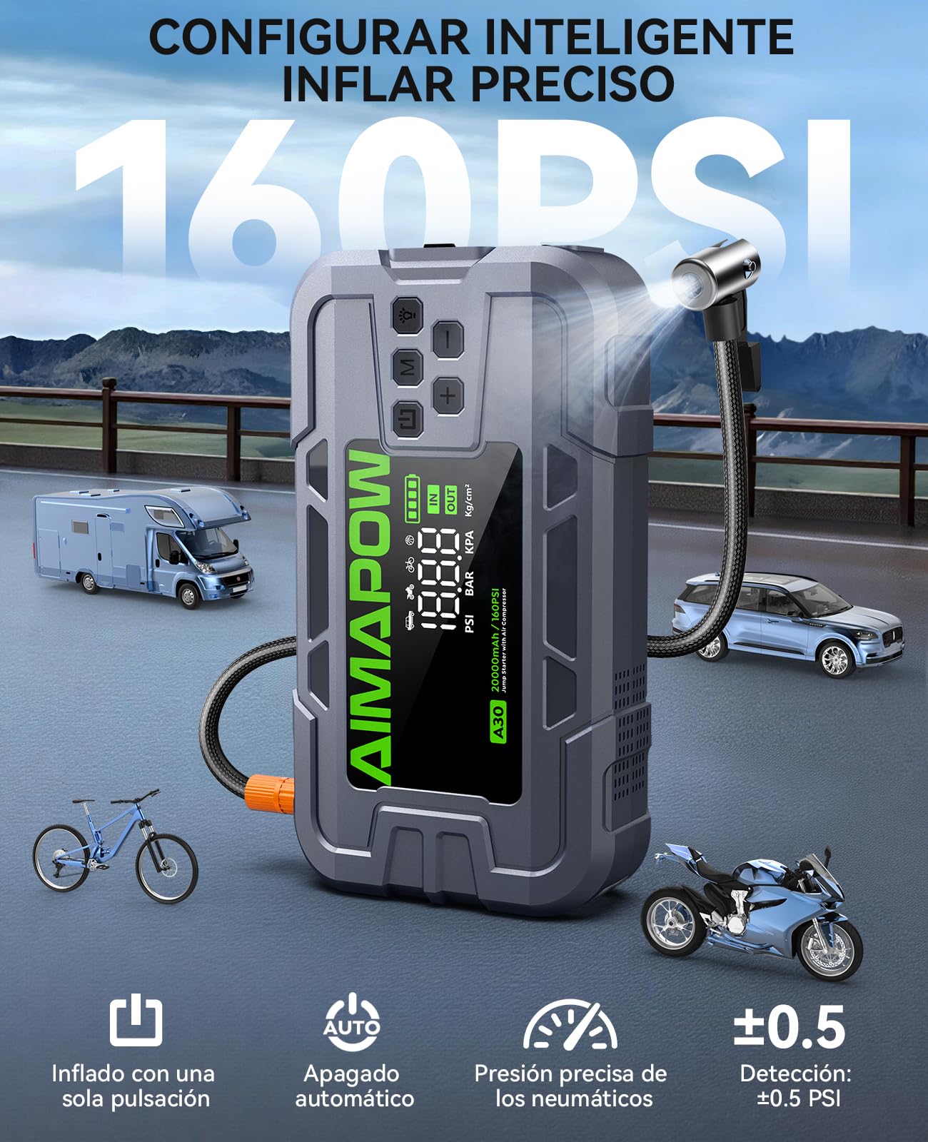 Arrancador de Coches 8000A, AIMAPOW Arrancador de Batería de Coche con Compresor de Aire 160PSI, Jump Starter 12V para Todos los Motores de Gasolina y Diésel de 12L, Pantalla LCD, Luz LED de 600LM