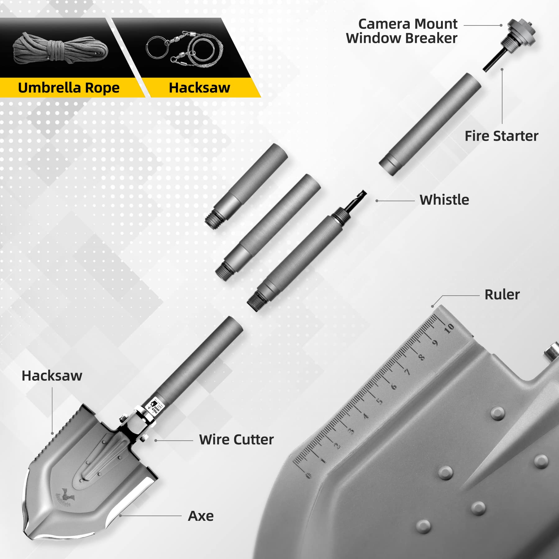 Zune Lotoo Pala Plegable, Pala Camping Multifuncional de Acero al Carbono, Pala Multiusos Portátil 18 en 1 con 3 Ángulos Ajustables para Camping, Senderismo, Jardín, al Aire Libre, Annihilate F1