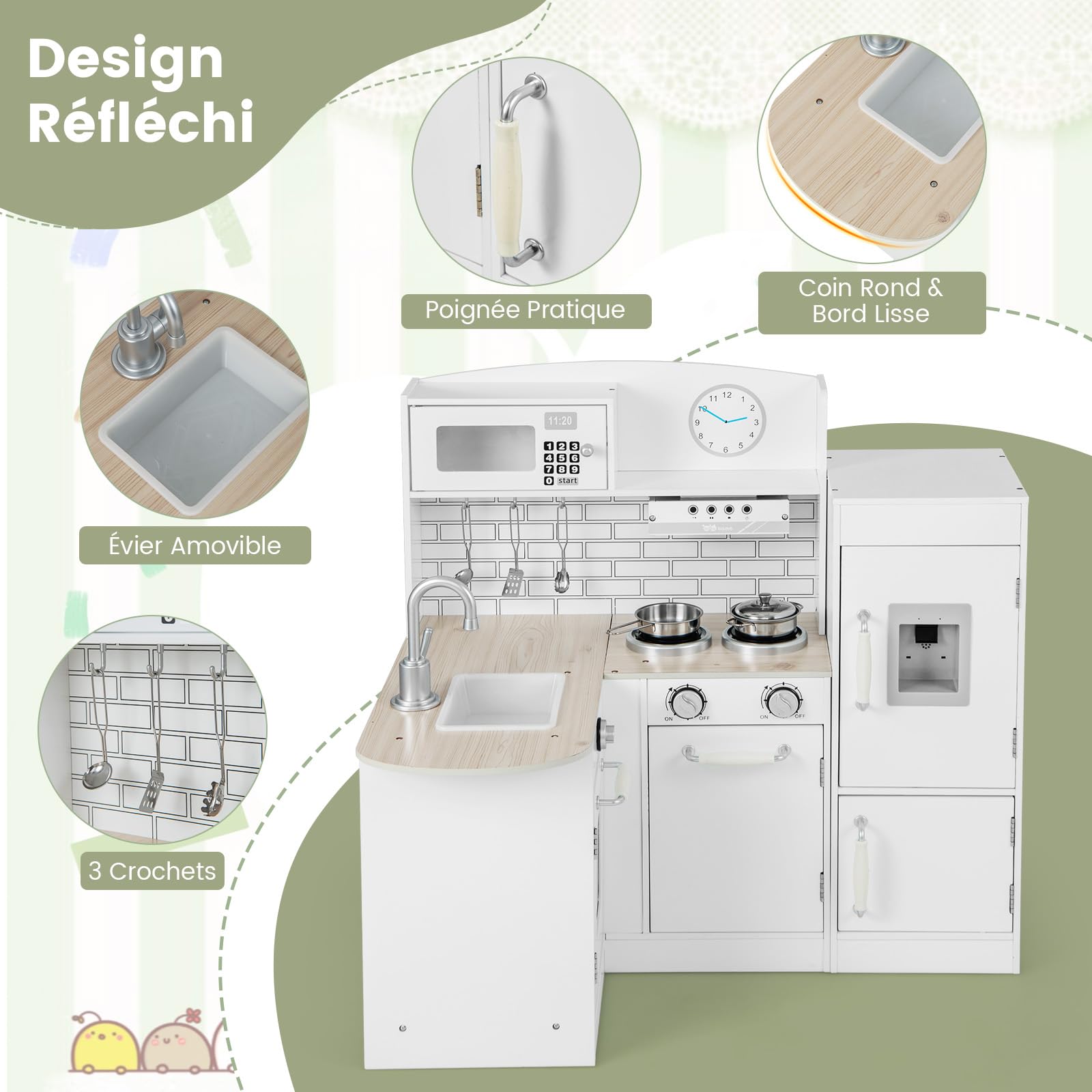 GOPLUS Cuisine Enfant en Bois, Cuisine Bébé avec Réfrigérateur Séparé, Distributeur d'eau, Évier Amovible, Four à Micro-Ondes, Hotte, Espace de Rangement, Jouet de Cuisine d'angle pour Enfant 3+ Ans