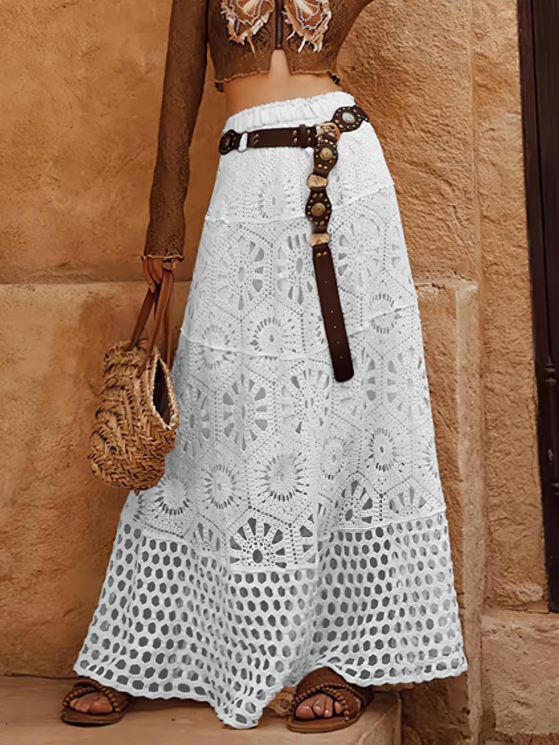 Womens Boho Floral Maxi Skirt Embroidered Knit Elastic Waist Lace Crochet Eyelet Fashion Flared Long Skirt - Image 4