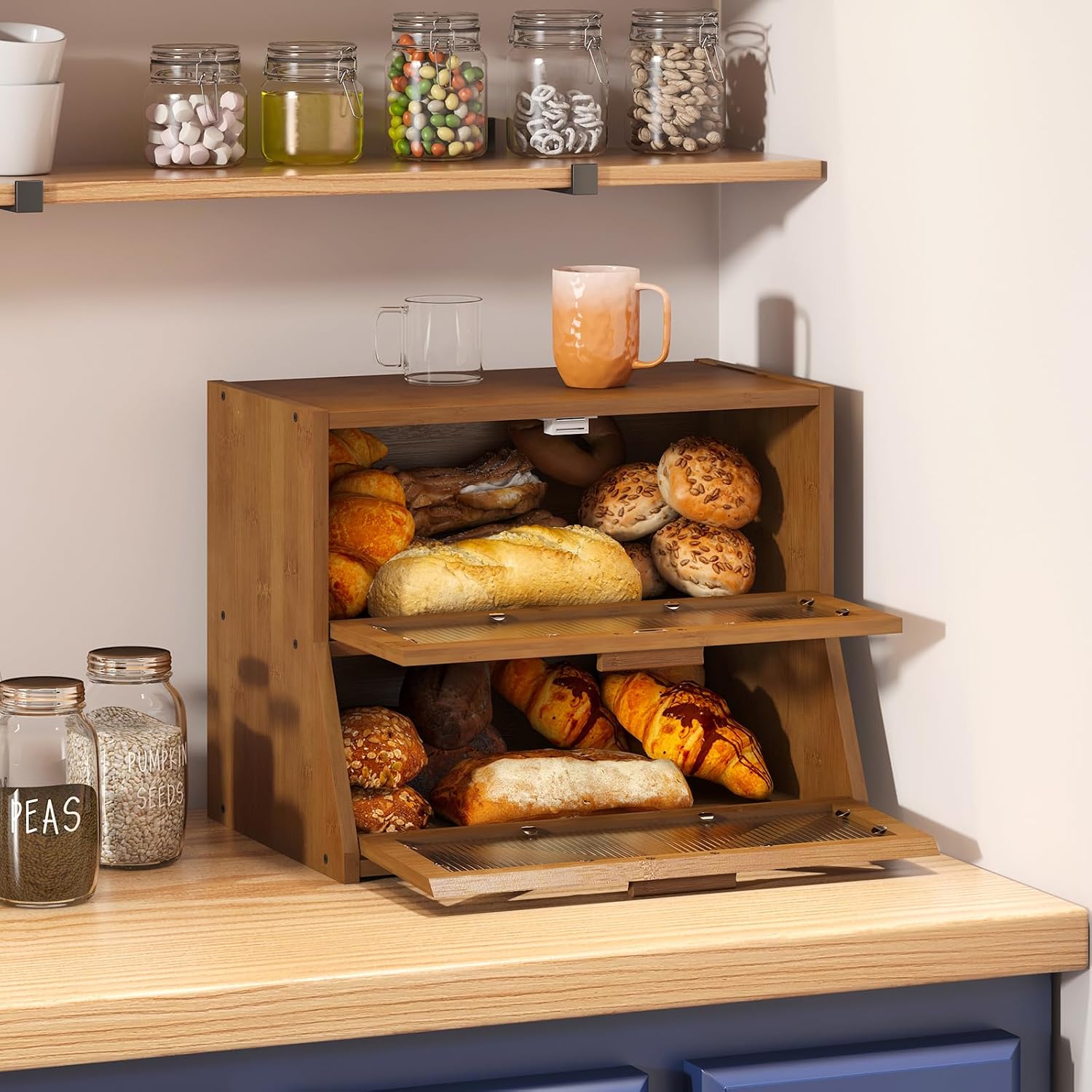 Kitchen Bread Box with Window, Countertop Storage Container (Natural)