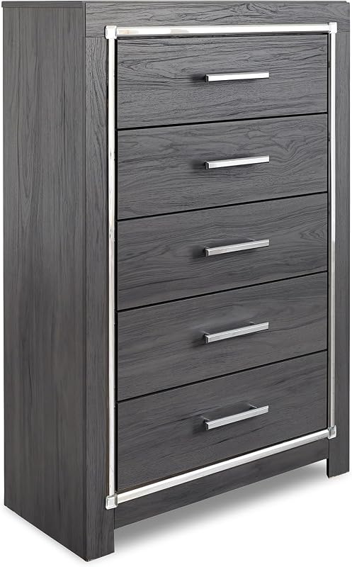 Lodanna Fully Assembled Gray 5 Drawer Chest | Durable engineered wood, Modern textured grain, Elegant chrome-tone accents, Tall grey dresser for bedroom