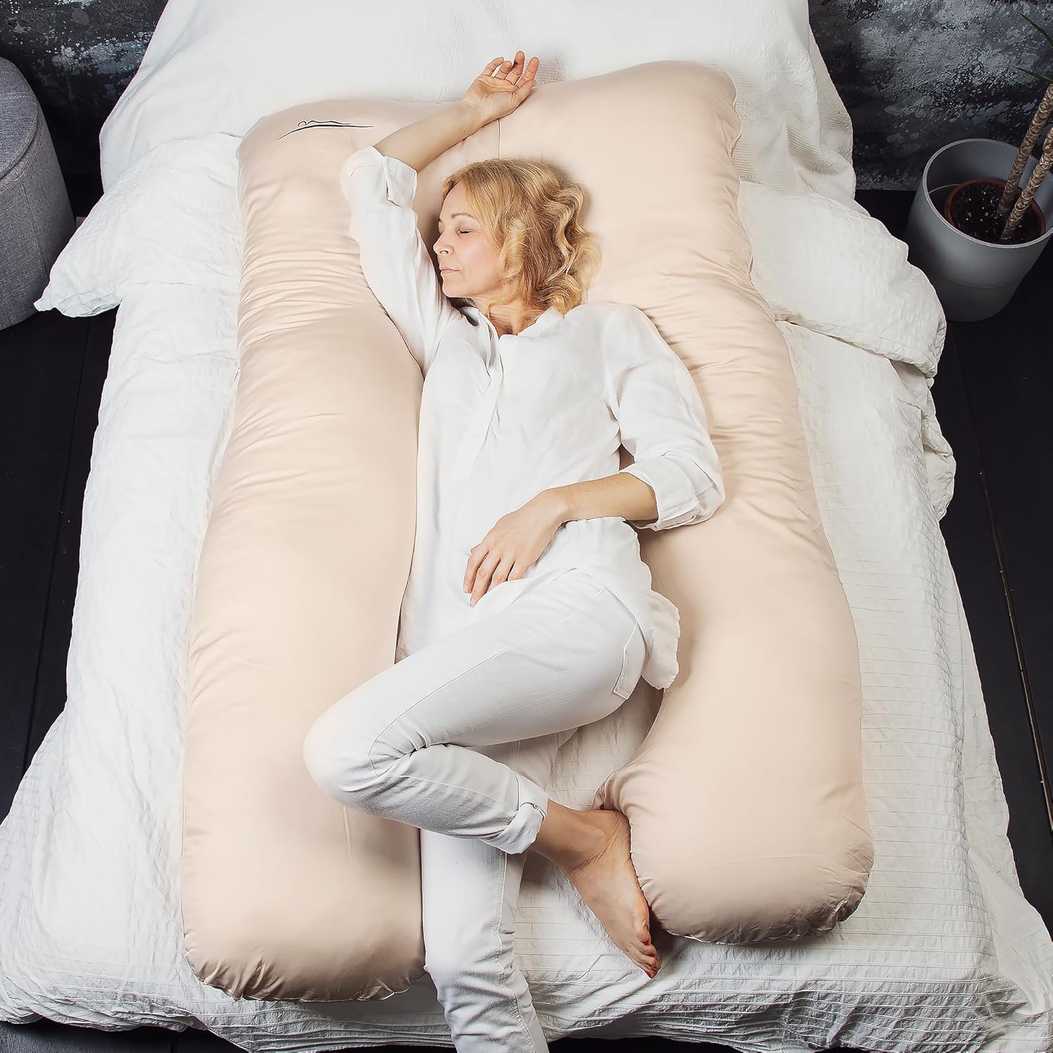 MKS Coussin de Grossesse pour Dormir 100x150 cm – Oreiller de Grossesse Ergonomique en U – Grand Support d’Allaitement – Accessoire maternité Lavable en Bambou Doux – (Bambou/Beige)