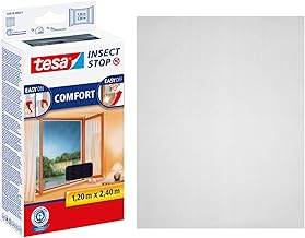 tesa Insect Stop Comfort Fliegengitter für bodentiefe Fenster - Insektenschutz selbstklebend - Fliegen Netz ohne Bohren - 120 cm x 240 cm - Anthrazit (Durchsichtig)