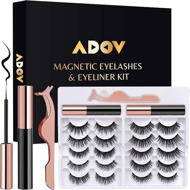 ADOV 10 Pairs Magnetic Eyelashes and 2 Tubes of Magnetic Eyeliner Kit, 3D Natural Look Waterproof Reusable False Lashes with Applicator, No Glue Needed Easy to Wear Long Lasting False Eyelashes Set