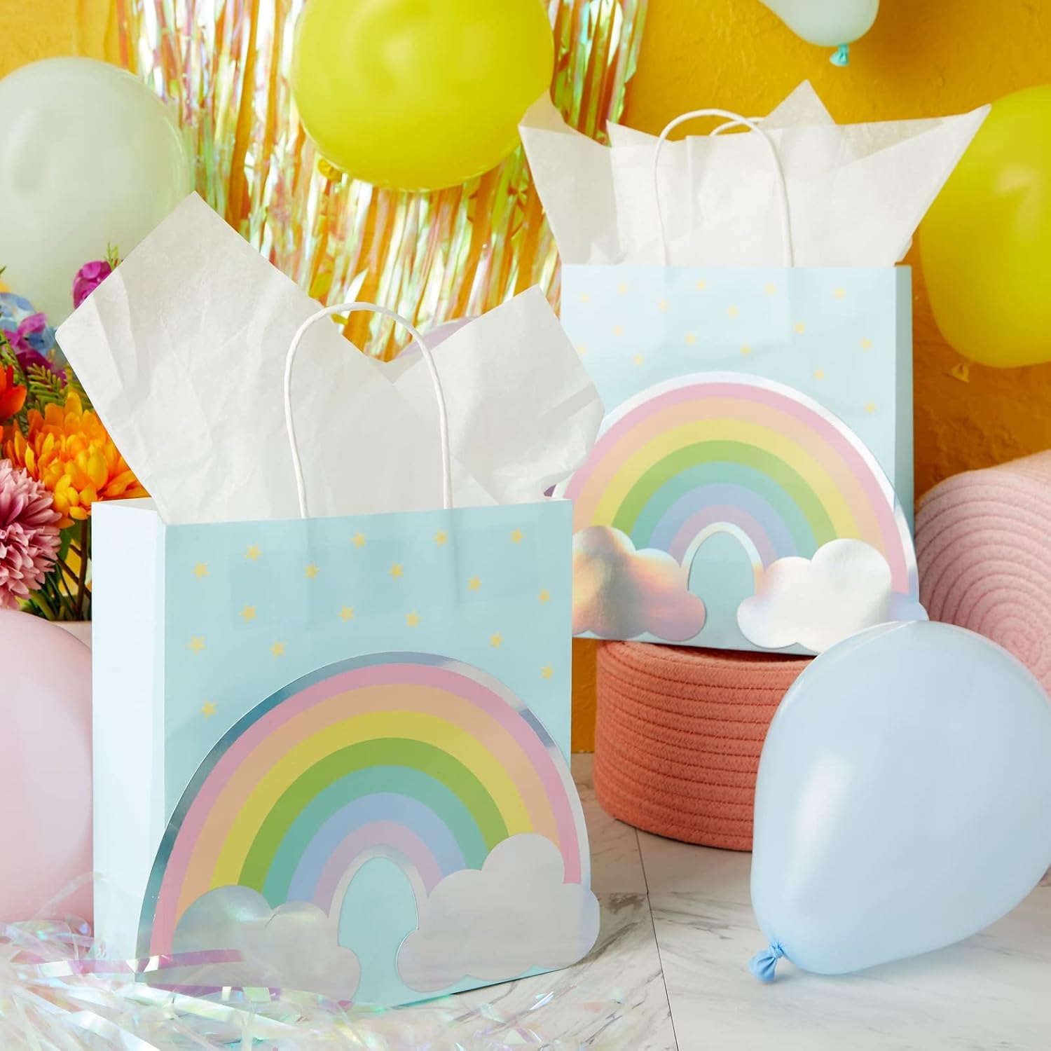 15-Pack Rainbow Gift Bags with Handles and 20 White Tissue Paper Sheets, Medium-Size Goodie Bags For Baby Shower, Birthday Party Favors (8x9x4 in, Blue, Kraft Paper)