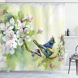 Ambesonne Flowers Shower Curtain, Watercolor Style Effect Birds of Spring on Tree Branch Illustration, Cloth Fabric Bathroom Decor Set with Hooks, 69" W x 75" L, Reseda Green and Yellow