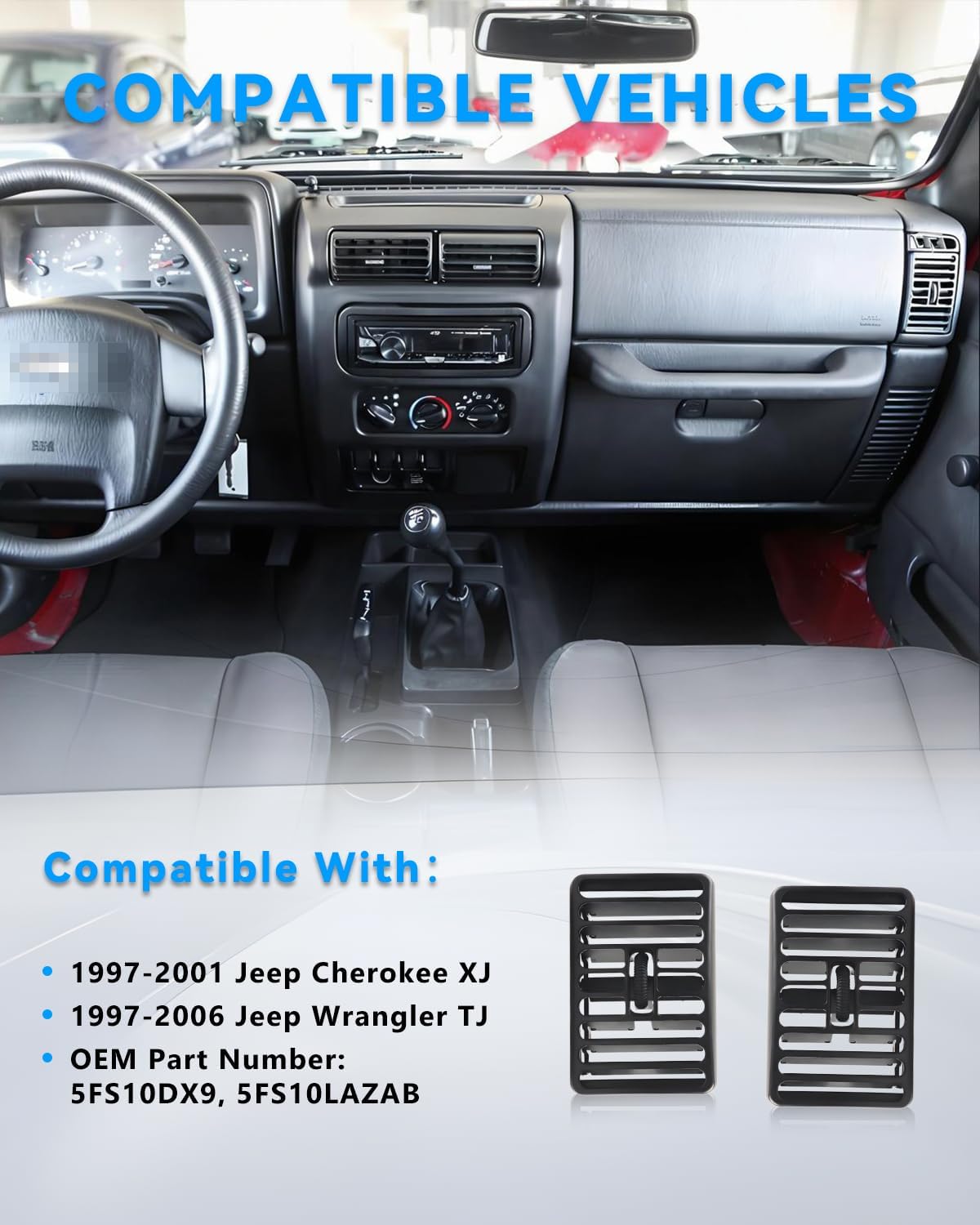 2PCS Front Air Grille AC Vent for J'eep Wrangler TJ 1997-2006, J'eep Cherokee XJ 1997-2001 Console Center Dashboard Vents Louver Outlet Air Conditioning Heater Vents Replaces 5FS10DX9