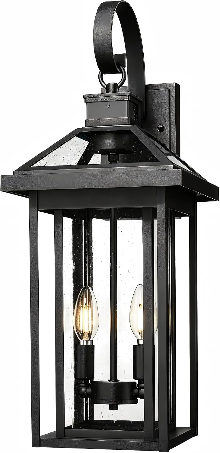 zeyu 22.6'' Motion Sensor Exterior Wall Light, Dusk to Dawn Wall Lantern, Black Outdoor Wall Lamp with 4 Modes, 220° Detection, Die-Cast Aluminum with Seeded Glass Shade, ZW114BM-SE BK