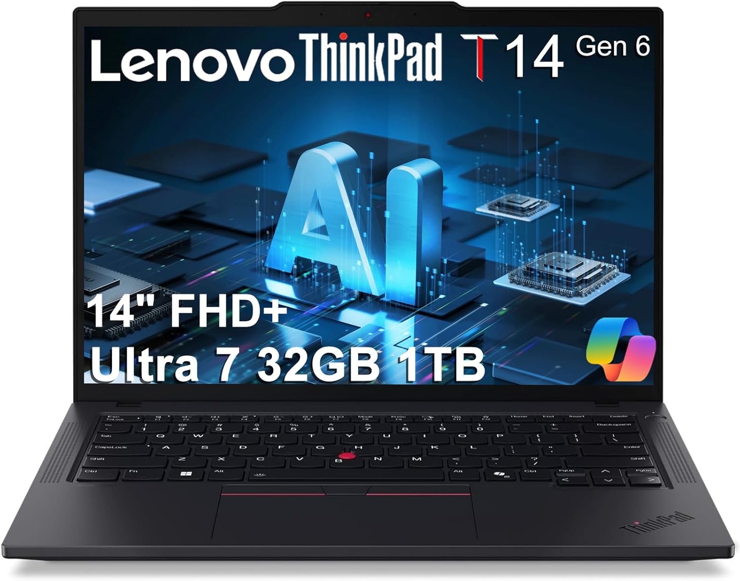 Lenovo ThinkPad T14 Gen 6 Business AI PC Laptop (14" FHD+, Intel 12-Core Ultra 7 255U (> i7-13700H), 32GB DDR5 RAM, 1TB SSD), Fingerprint, Backlit, 5MP IR Webcam, 2x Thunderbolt 4, RJ-45, Win 11 Pro