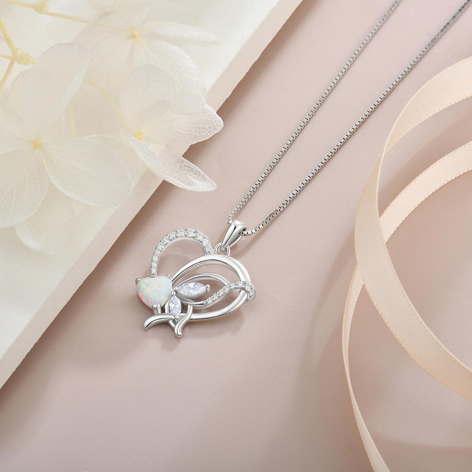Opal Heart Necklace for Women 925 Sterling Silver Butterfly Pendant Birthstones Jewelry Gift