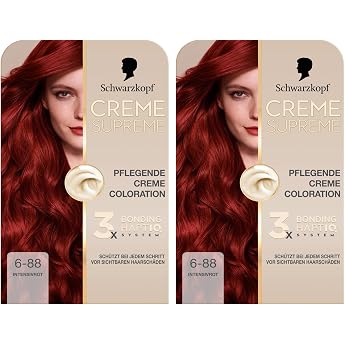 Schwarzkopf Creme Supreme Colouration 6-88 Intensive Red (2 x 182 ml), Permanent Hair Colour with Serum and Hair Mask Protect