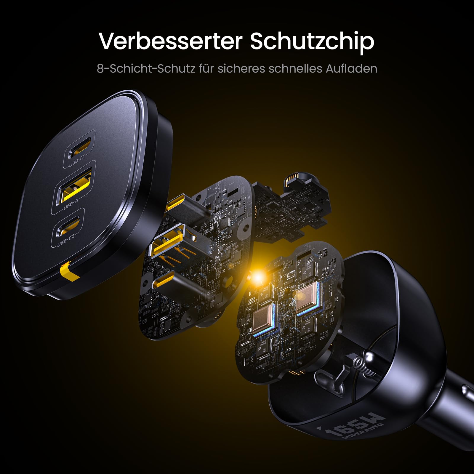 AOHI 165W Laptop Auto Ladegerät 140W PD 3.1/ 100W PD 3.0 USB C Superschnellladegerät PPS 45W 3-Ports QC5.0 Zigarettenanzünder-Ladegerät für MacBook Pro, iPhone 17/16, Galaxy S25 Ultra, iPad, Schwarz