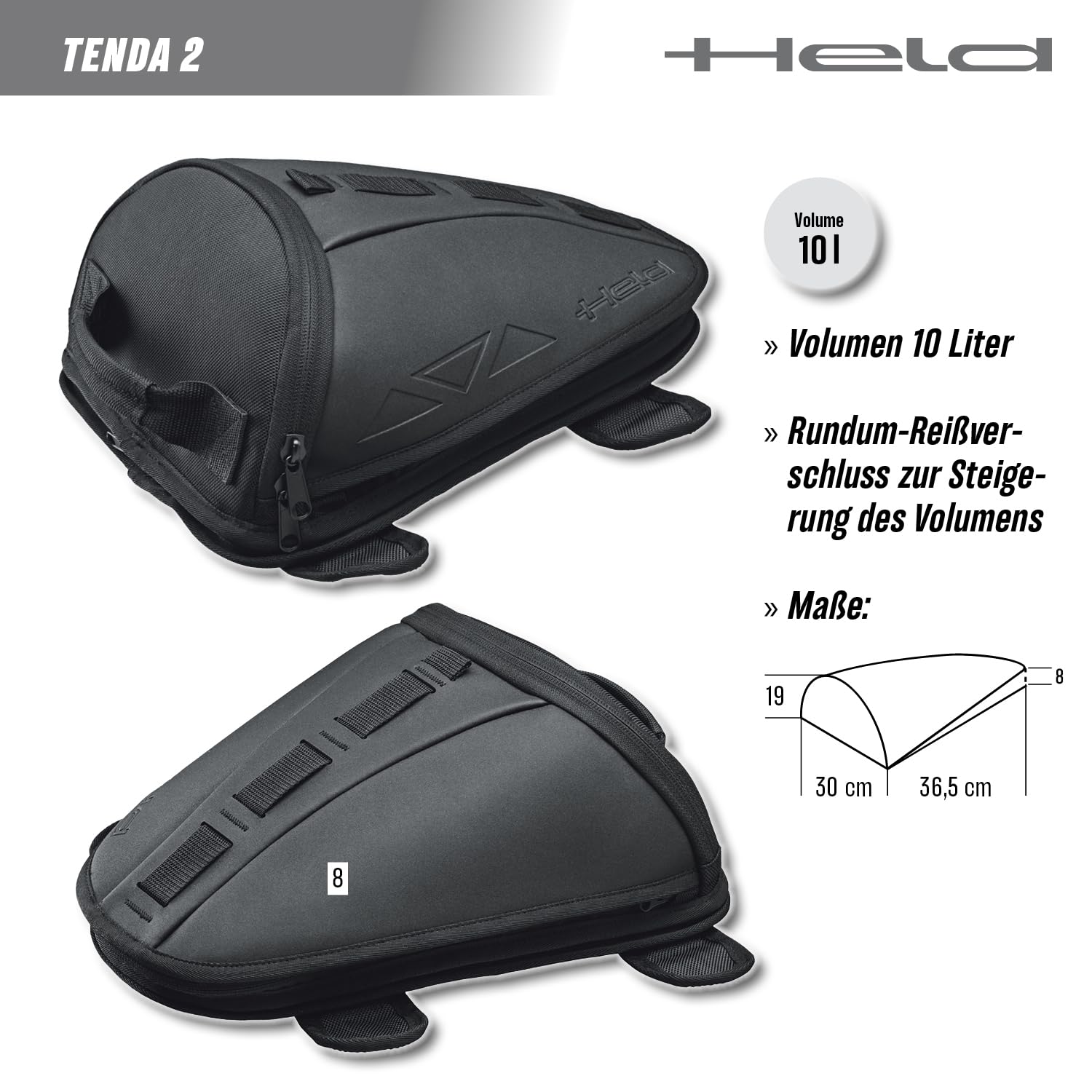 Held Tenda 2 torba na bagażnik motocyklowy i plecak na bak – uniwersalna torba na bak z regulowanymi paskami na ramiona – pojemność 10 l, tkanina nylonowa, 100% wodoszczelna dzięki pokrowcowi
