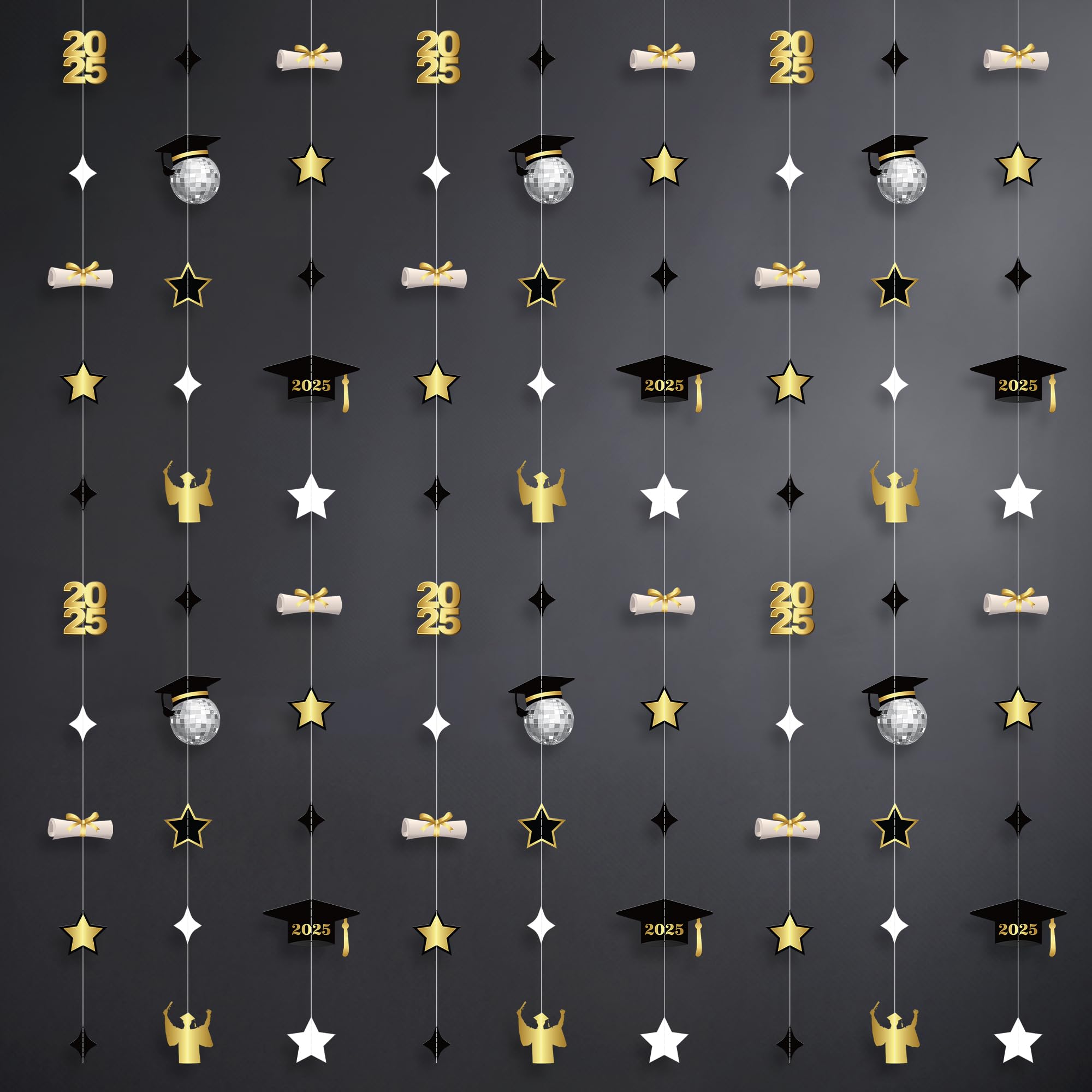 KatchOn, Foil Graduation Cap Garland - No DIY, 9 String, 6.5 Feet | Black and Gold Grad Decorations 2025 | Grad Garland, Grad Cap Decorations |