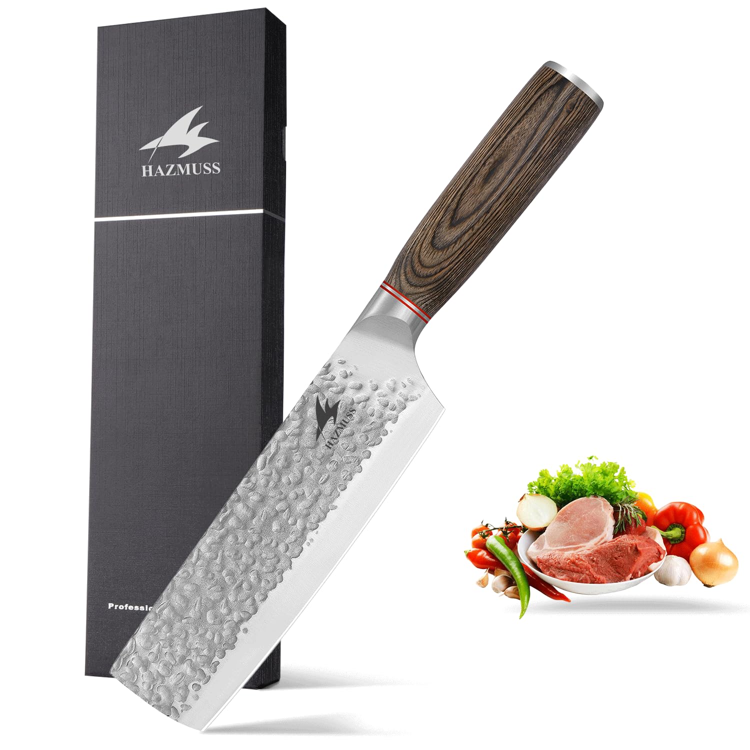 16,2 cm Japanisches Gehämmertes Nakiri-Messer aus Kohlenstoffreichem Edelstahl mit Bequemem Griff aus Pakkaholz für Haushalt und Küche