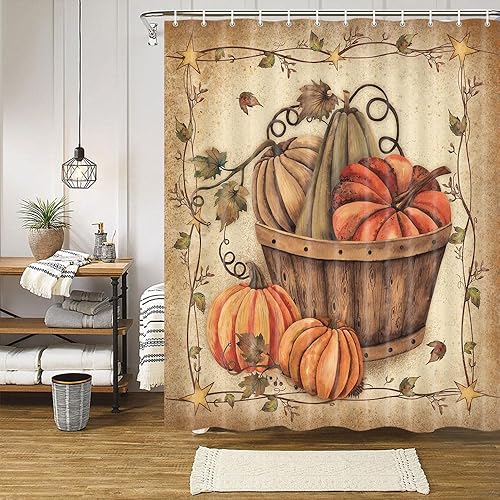 Miniatura 2 de Wathon Cortina de ducha de calabaza, decoración de baño, cosecha de otoño, retro, rústica, decoración de temporada, granja, Acción de Gracias,