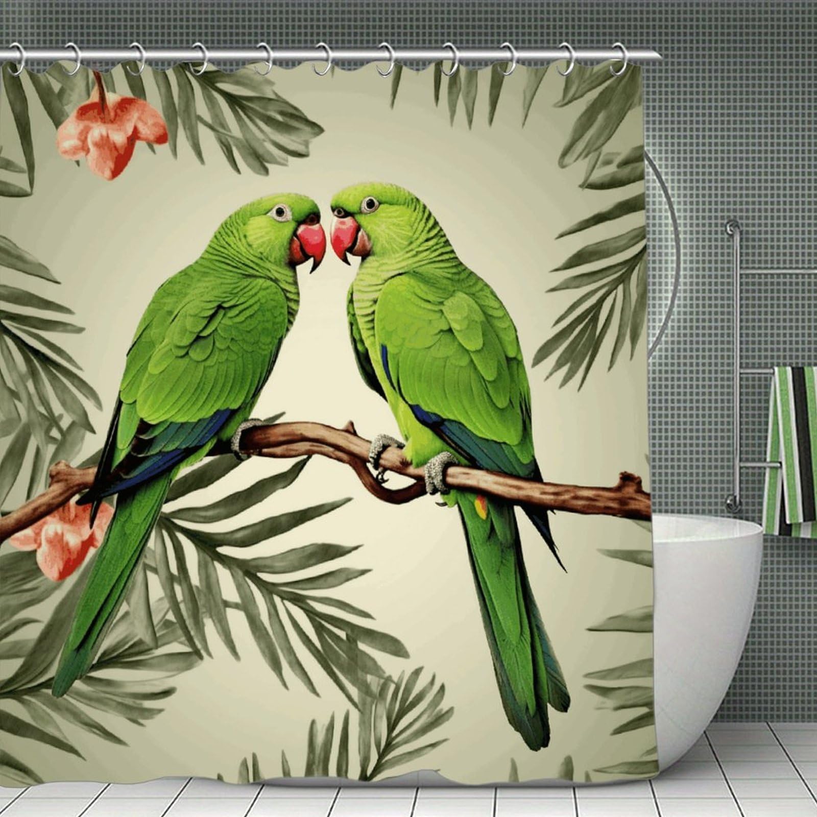 VstaDank Couple Parrots Olive Shower Curtain Light-Weight Blackout Bathroom Curtain Washable Shower Liner 71x71 Inch Bath Curtain with Metal Holes Bathtub Bath Room