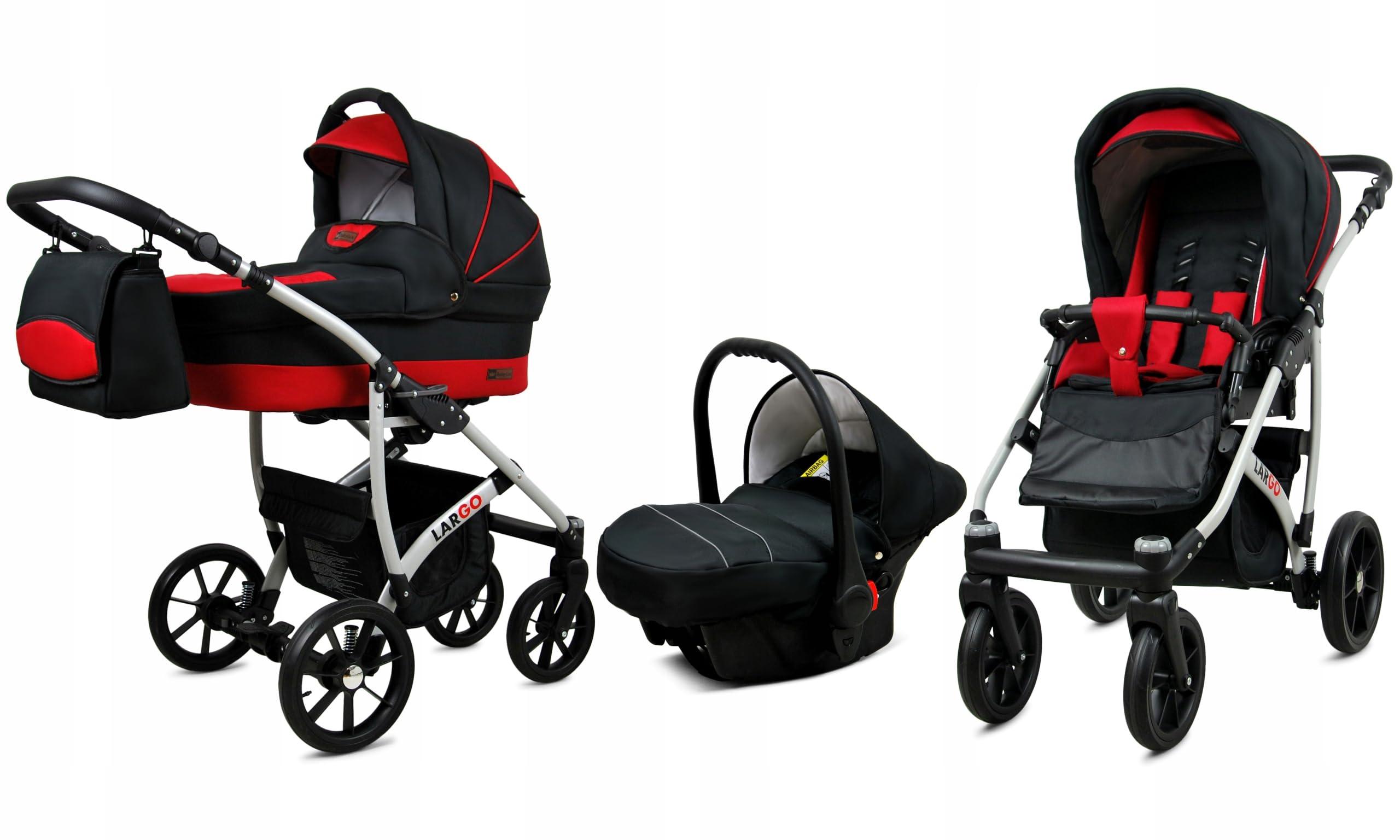 BabyLux Zestaw wózków dziecięcych 3 w 1 – Largo – w zestawie wanienka dla niemowląt, fotelik sportowy, fotelik samochodowy – zestaw wózków dziecięcych z torbą do przewijania, osłoną przeciwdeszczową