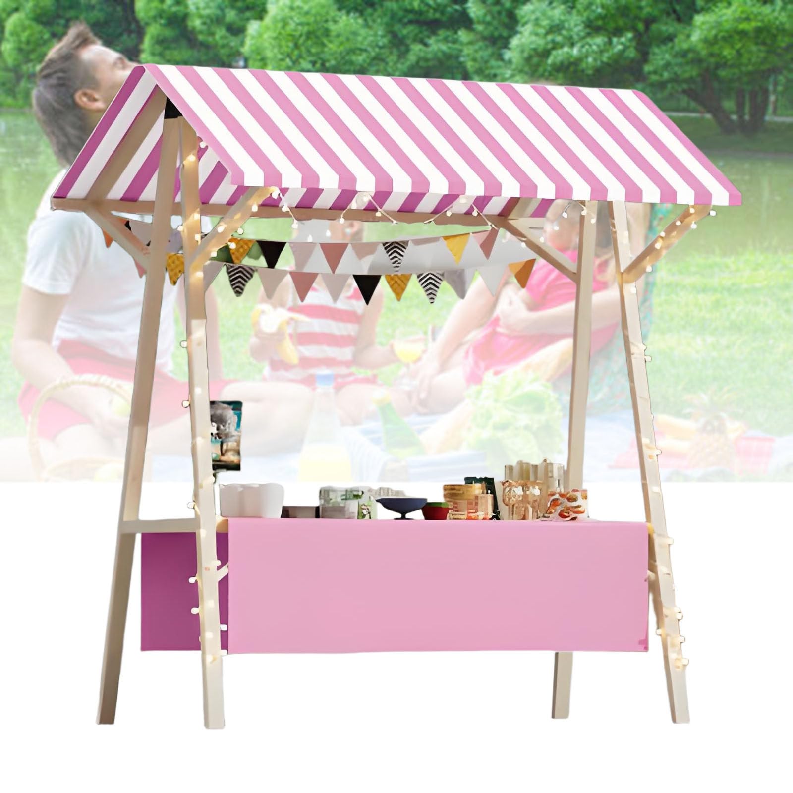 Carrello pieghevole in legno – bancarella alimentare all'aperto con parasole perfetto per mercati agricoli e spettacoli di cibo di strada, supporto portatile 120 x 60 x 2 cm