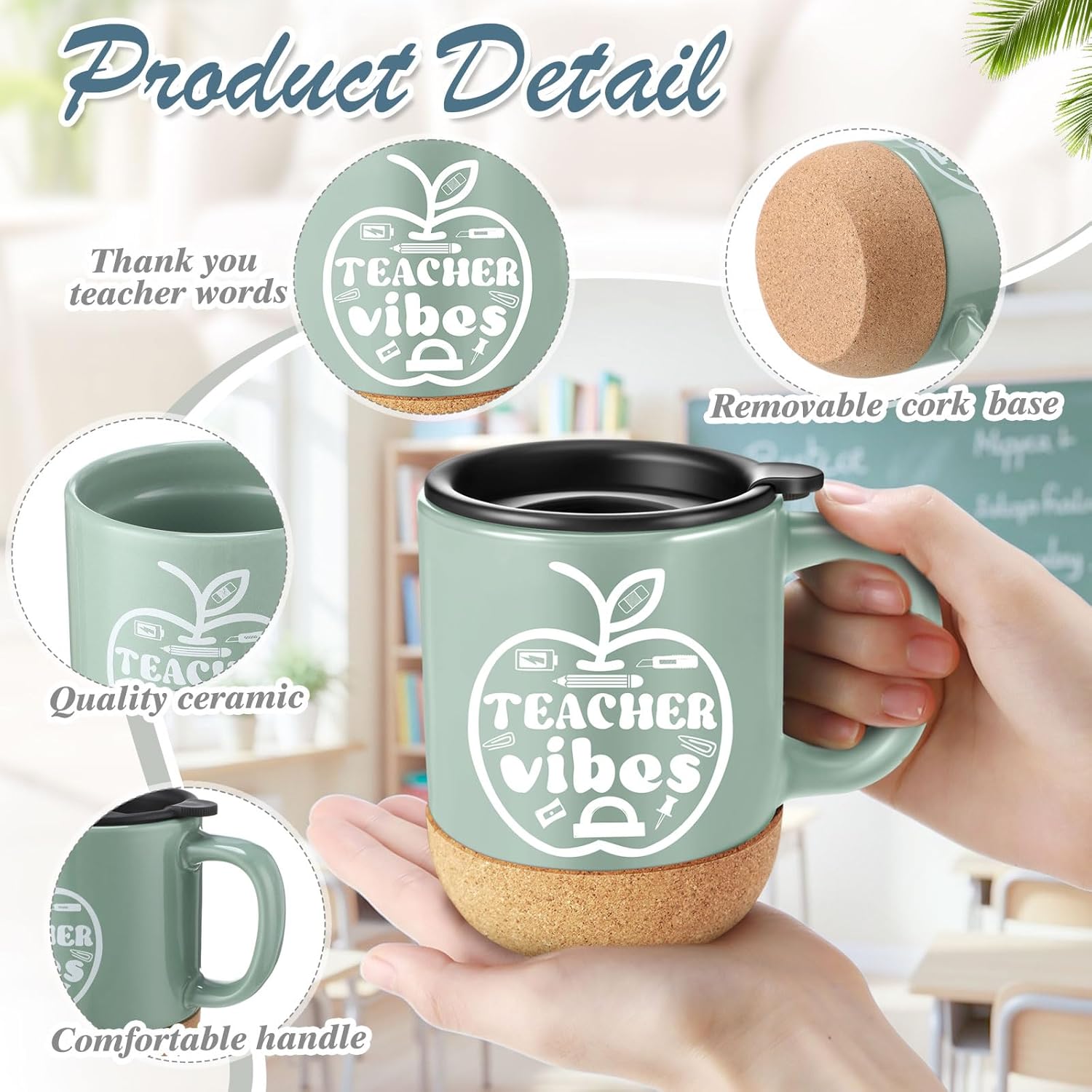 Didaey 10 Pcs Teacher Appreciation Gifts Teacher Mugs Bulk 12 oz Ceramic Coffee Cups with Lid and Cork Base End of the Year Teachers Gifts Thank You Mugs for Women Men