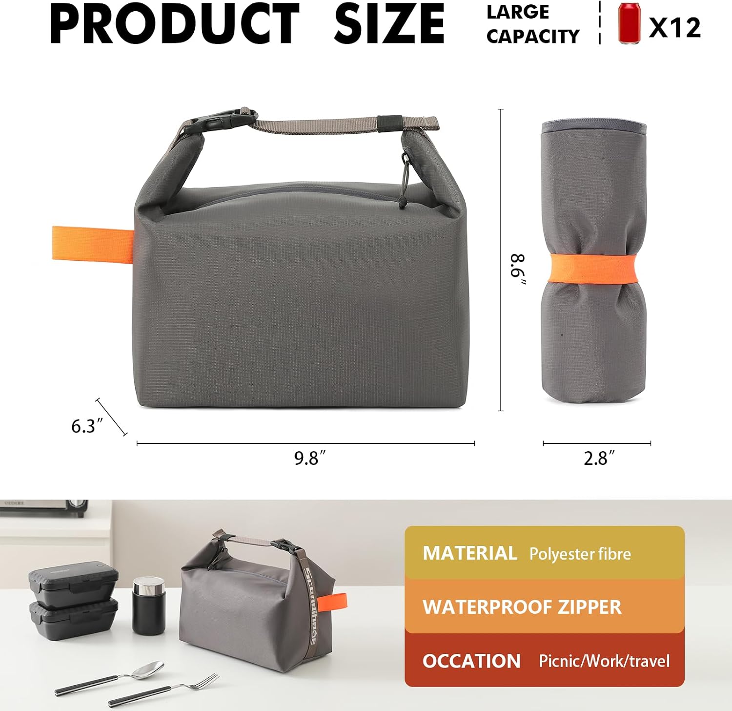 Lunch Bag for Women & Men Fresh Keep Lunch Box, Small Leakproof Cooler Bag Food Lunch Containers High Capacity Reusable Lunch Tote Bags for Work, Office, Picnic, Travel (Grey) image 2