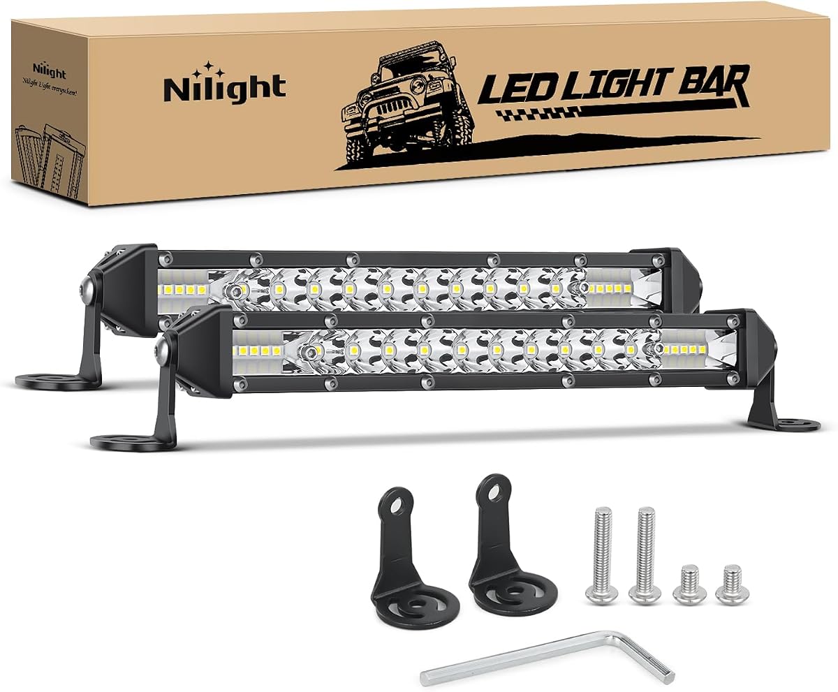 LED Light Bar Amber 2PCS 11 Inch 50W Flood 5000LM Super Slim 3D Driving Fog Off Road Work Pods for Trucks Pickup SUV ATV UTV Boat 4x4 Van Camper- 2 Style Mounting