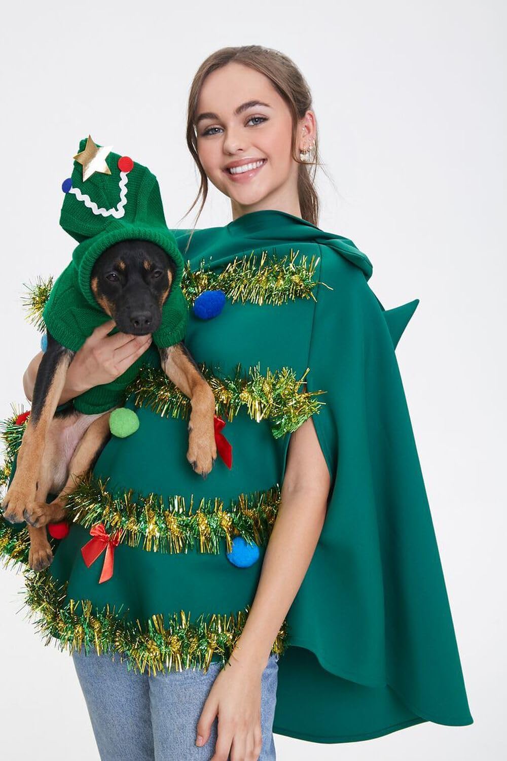 Christmas Tree Poncho Costume Hooded Cape Cloak Cape Bow Ball Tinsel Hairballs Decor Green Xmas Party Tree Poncho