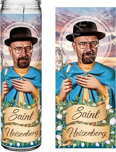 Saint Heisenberg Walter White on Breaking Bad Bryan Cranston Celebrity Altar Prayer Parody Candle, 8" white unscented glass